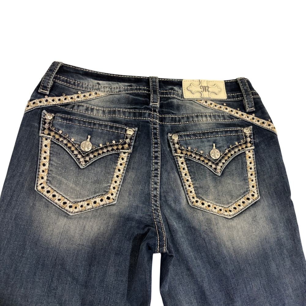 Miss Me Curvy Boot Jeans Womens 28 Blue Mid Rise Embellished Rhinestone Pockets - Picture 2 of 16